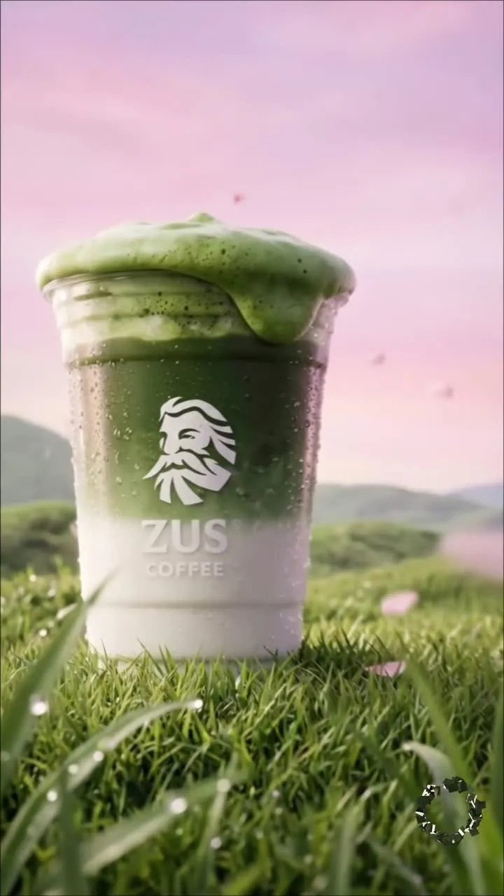 Matcha drink ad concept in a green landscape